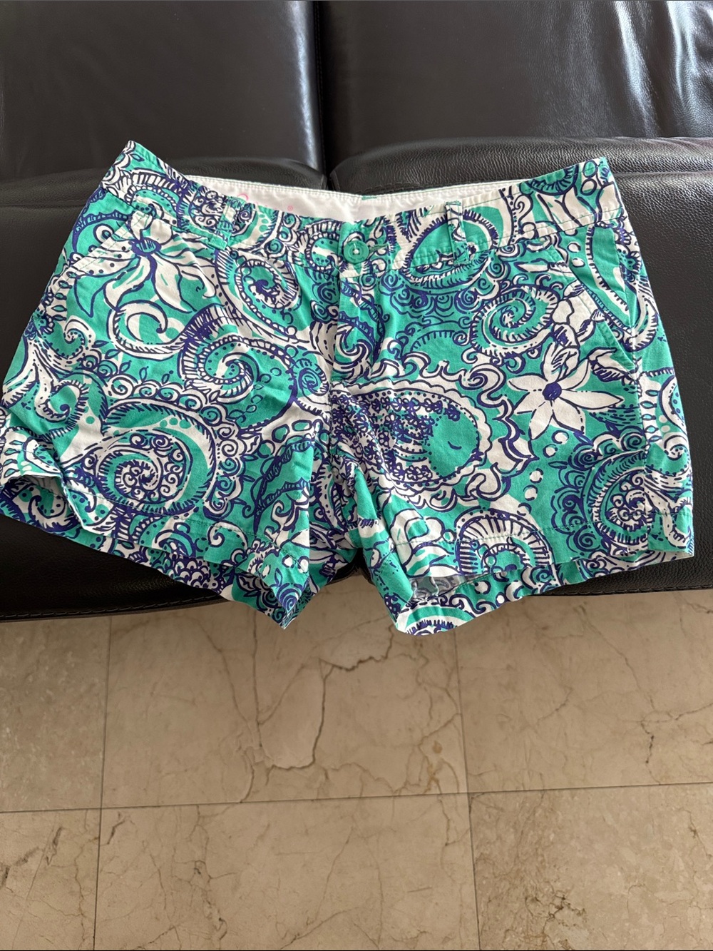 Lilly Pulitzer Turquoise Navy and White Paisley High-Waist Shorts